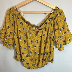 Bleuh Ciel Womens Crop Top Blouse Off The Shoulder Floral Lace Trim Sleeve Boho